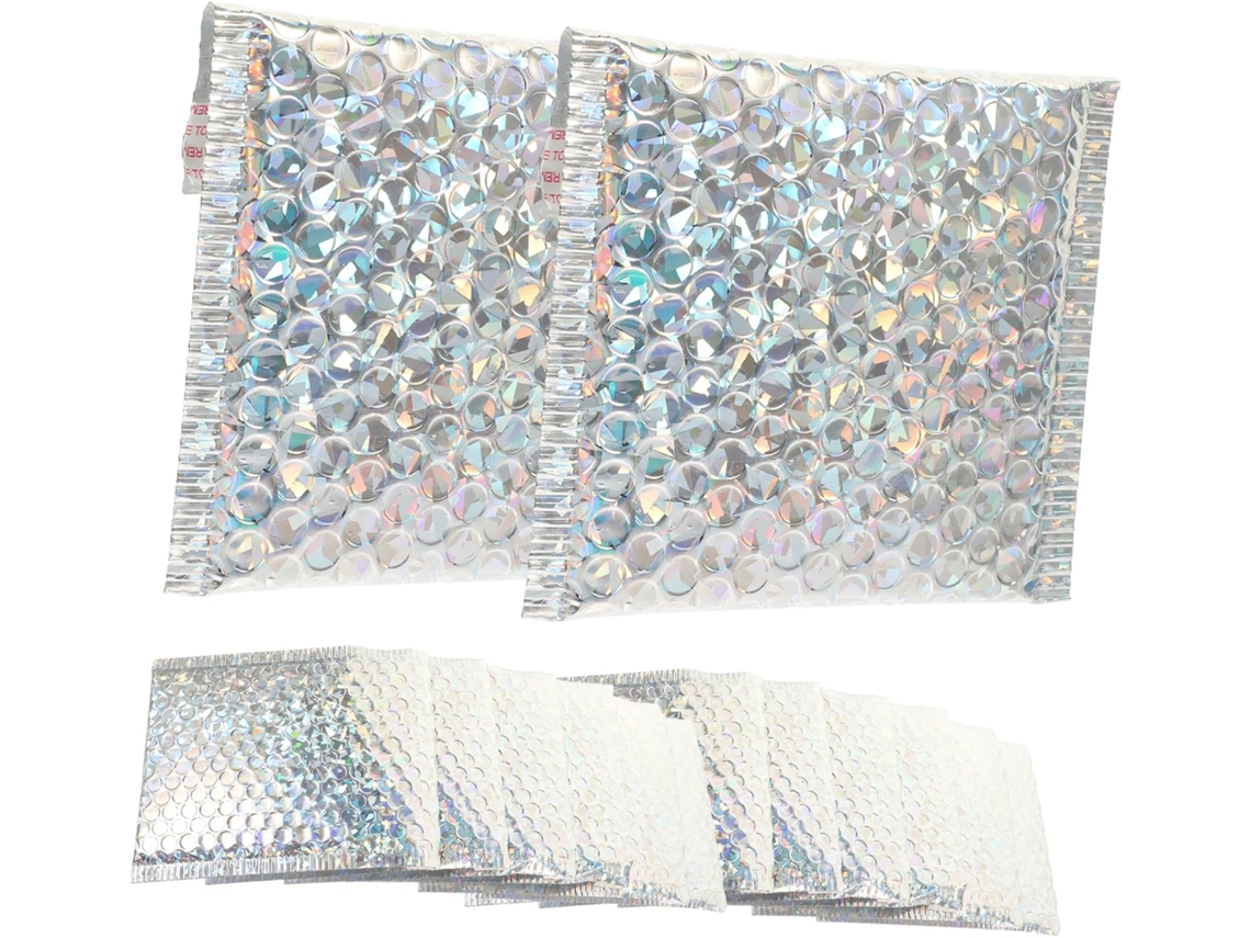 Pacote com 20 unidades de envelopes acolchoados adesivos prateados, impermeáveis e resistentes para envio.