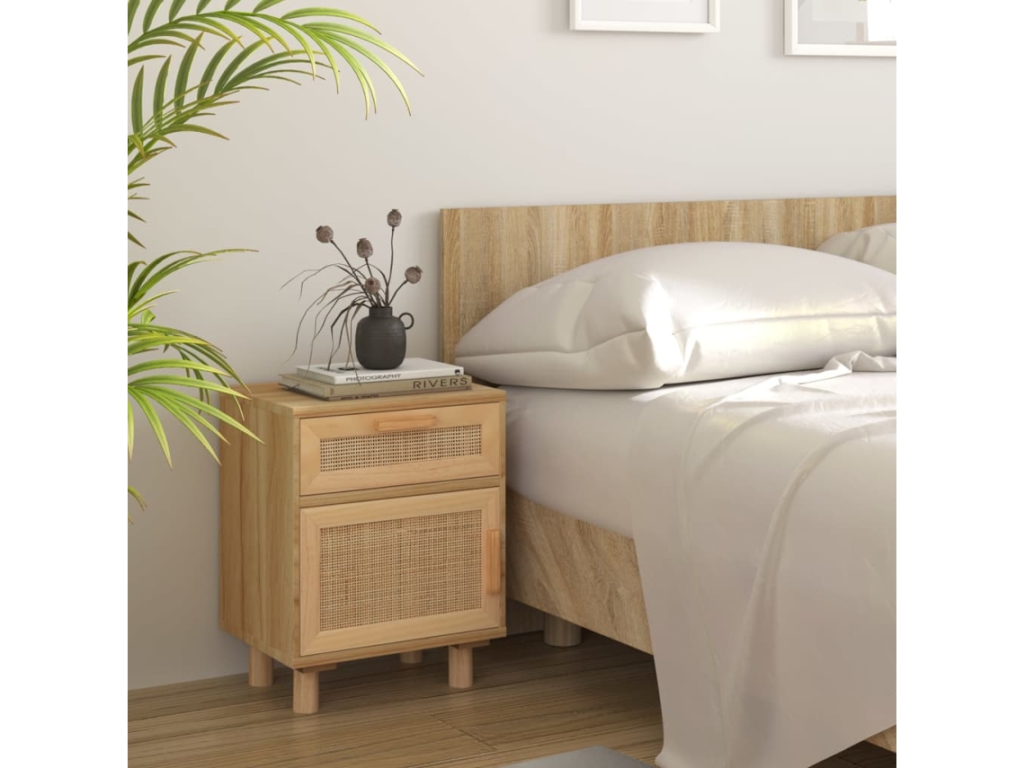 Mesa de Cabeceira LOVELY HOME Mesinha Pinho Maciço e Vime Natural Castanho