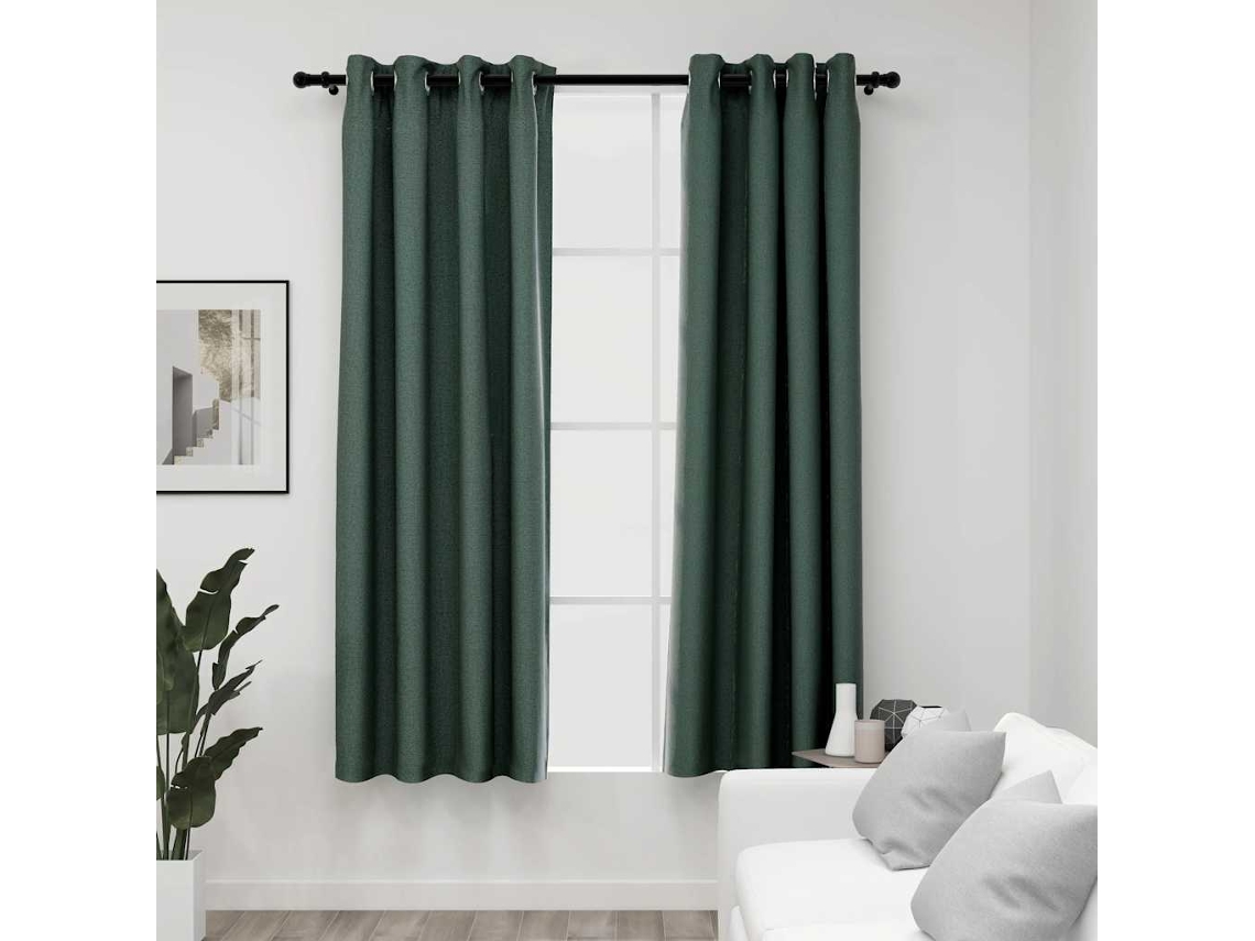 Vidaxl Cortinas Opacas Aspeto Linho C/ Ilhós 2 Pcs 140x175 Cm Verde