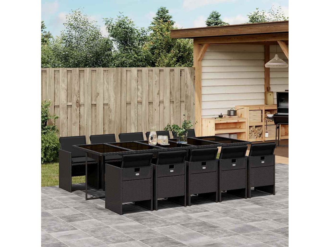 Vidaxl 11 Pcs Conjunto De Jantar P/ Jardim C/ Almofadões Vime Pe Preto