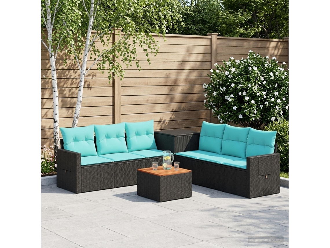Vidaxl Conjunto De Sofás 8 Unid. Preto E Azul Rattan Poliéster E Aço