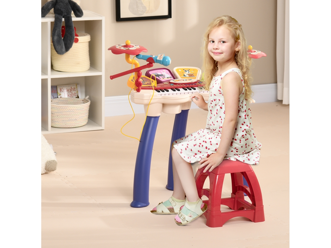 Conjunto Musical Infantil 2 Em 1: Piano Eletrônico E Bateria Com Microfone E Banquinho.