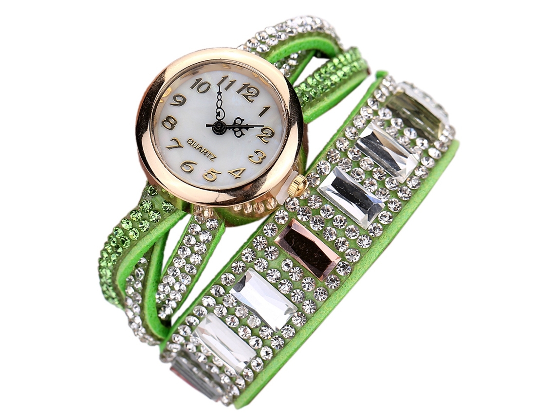 Relógio de Quartzo Feminino com Pulseira de Couro Pu e Strass Brilhante (verde)