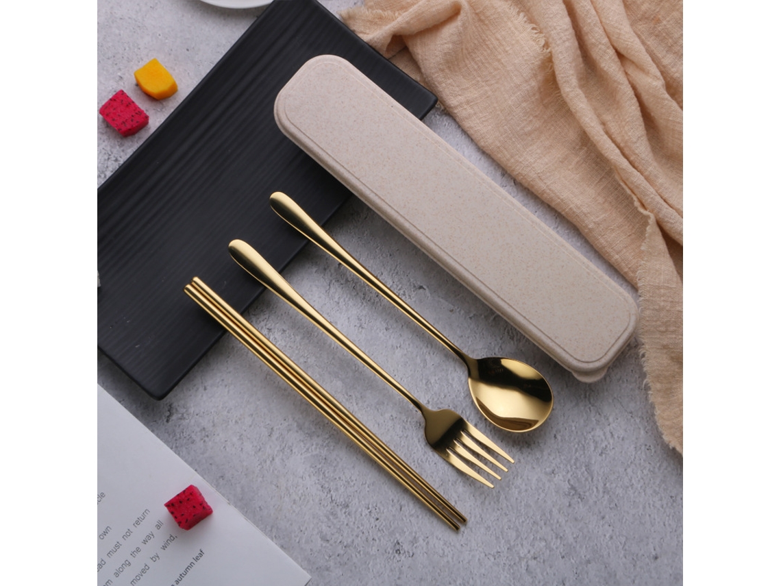 Conjunto De 3 Peças - Dourado) Conjunto De Garfo, Colher E Pauzinhos Em Aço Inoxidável 304