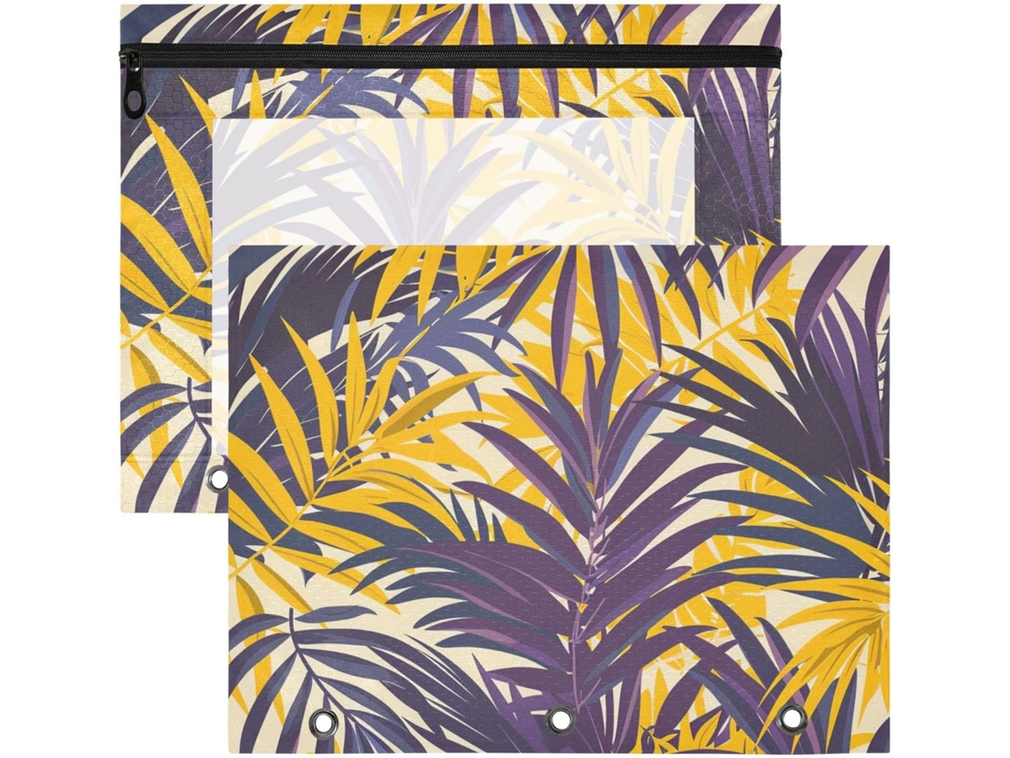 Conjunto de 2 Nécessaires Resistentes para Fichários 3 Argolas Material Escolar Roxo e Amarelo Folhas Palmei