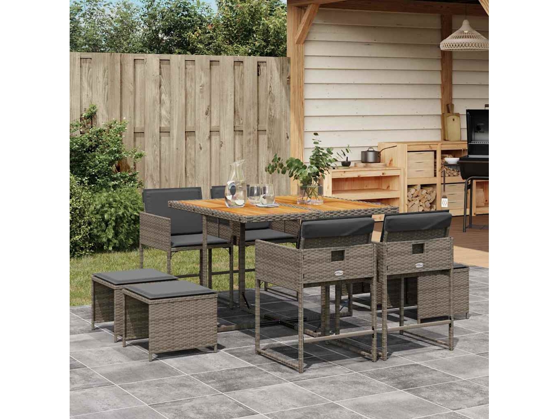 Vidaxl 9 Pcs Conjunto De Jantar P/ Jardim C/ Almofadões Vime Pe Cinza