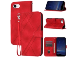 Capa De Couro Com Estampa De Linhas Para Iphone 16e E Alça Prática - Vermelha