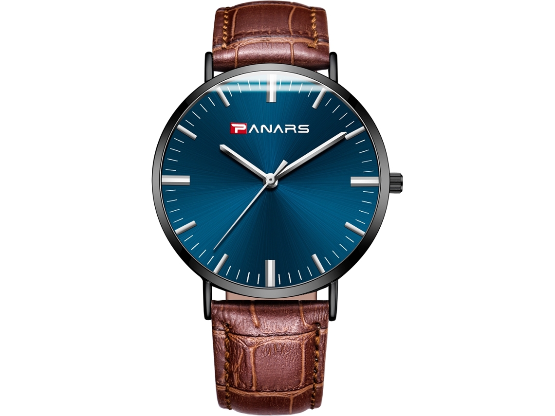 Relógio de pulso masculino casual simples em couro PU com movimento de quartzo (pulseira marrom, mostrador azul)