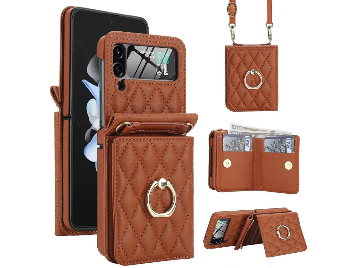 Capa Para Celular Samsung Galaxy Z Flip3 5g Com Textura Rômbica Integrada, Compartimento Para Cartão Rfid E Cordão Longo.