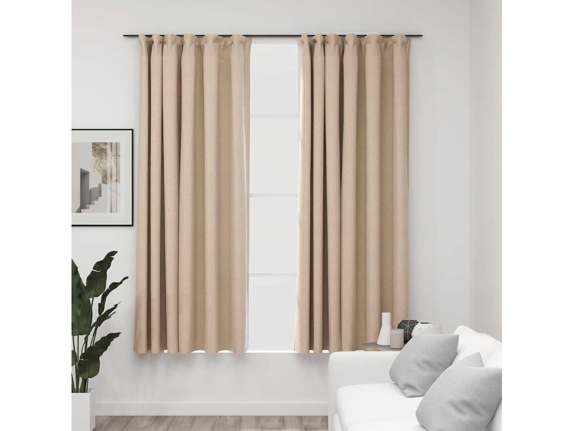 Vidaxl Cortinas Opacas Aspeto Linho C/ Ganchos 2 Pcs 140x175 Cm Bege