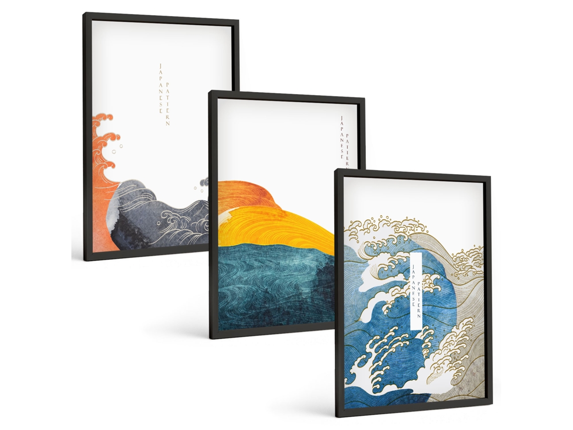 Conjunto De Pinturas Gráficos De Ondas Em Estilo Japonês Espelharte (3 Peças 40x60 Cm)
