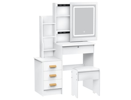 Flasidu Tocador Com Cadeira E Luz Led - 70x40x122cm - Branco - 4 Gavetas - Montagem Fácil - Espelho Iluminado Deslizante