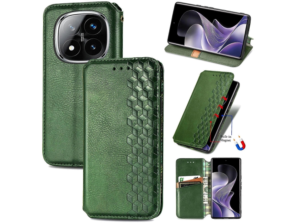 Capa Tipo Carteira De Couro Sintético Com Estampa De Losango Para Xiaomi Redmi Note 14 Pro 4g, Verde
