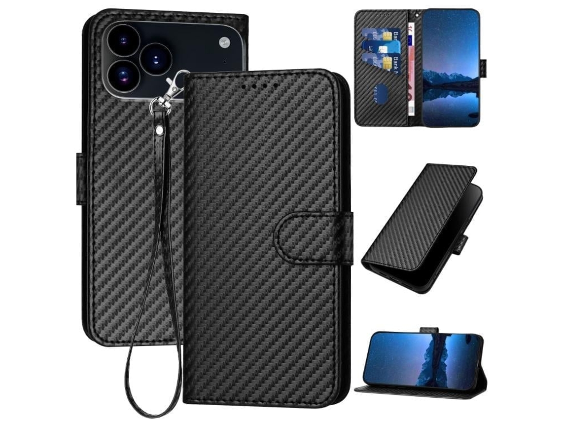 Capa De Couro Para Iphone 17 Pro - Fivela Em Fibra De Carbono - Com Cordão