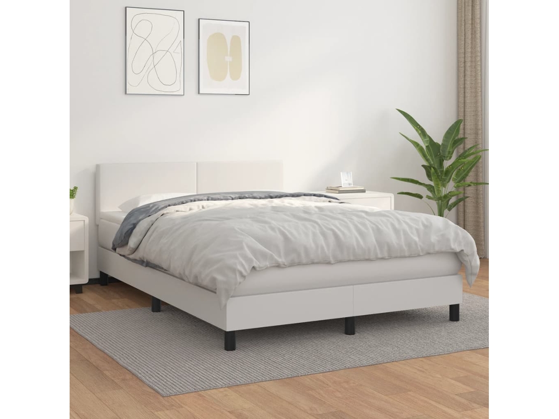 Vidaxl Cama Com Molas/colchão 140x190 Cm Couro Artificial Branco