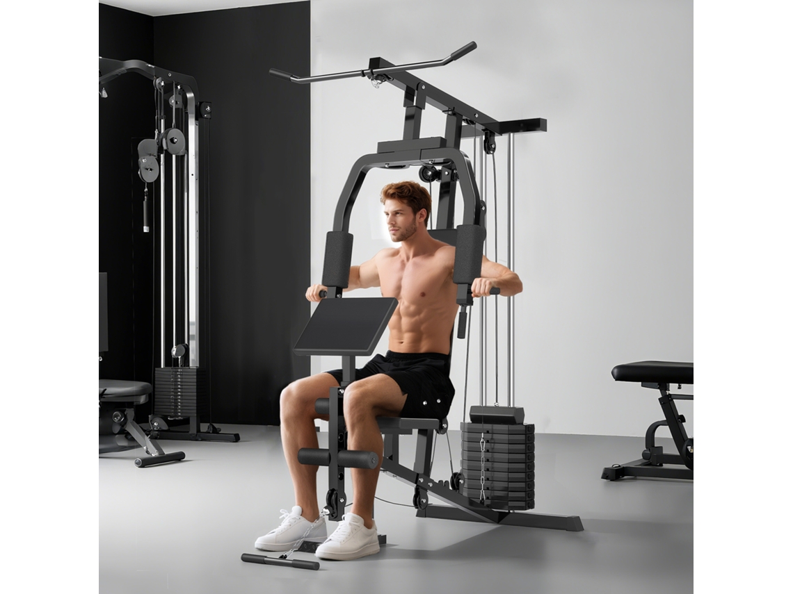 Máquina de musculação multiestações, com estúdio para pernas, 45kg, 148x108x207cm, preta