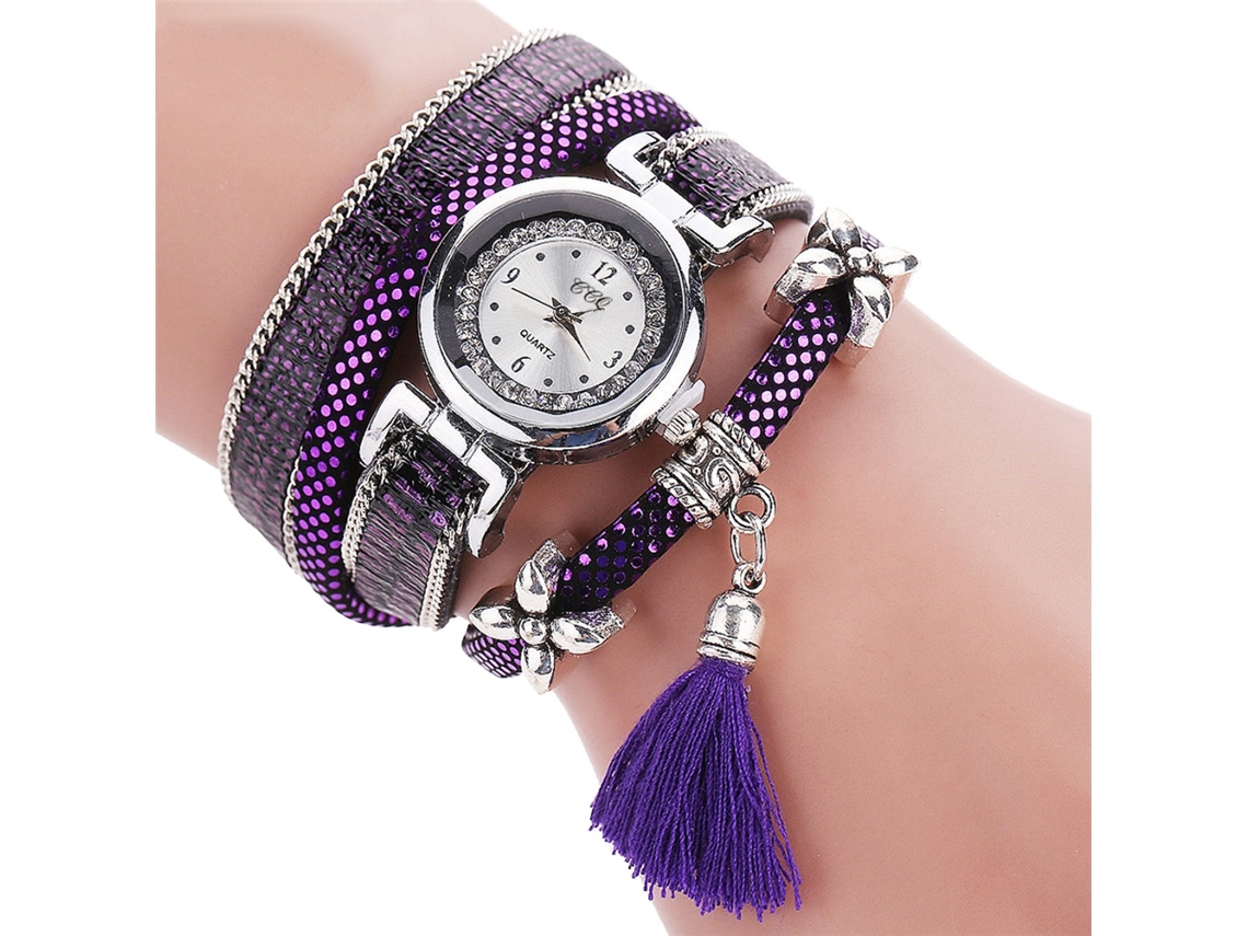 Relógio Pulseira de Mulher com Quartzo e Strass Camadas Múltiplas com Tassels Roxo