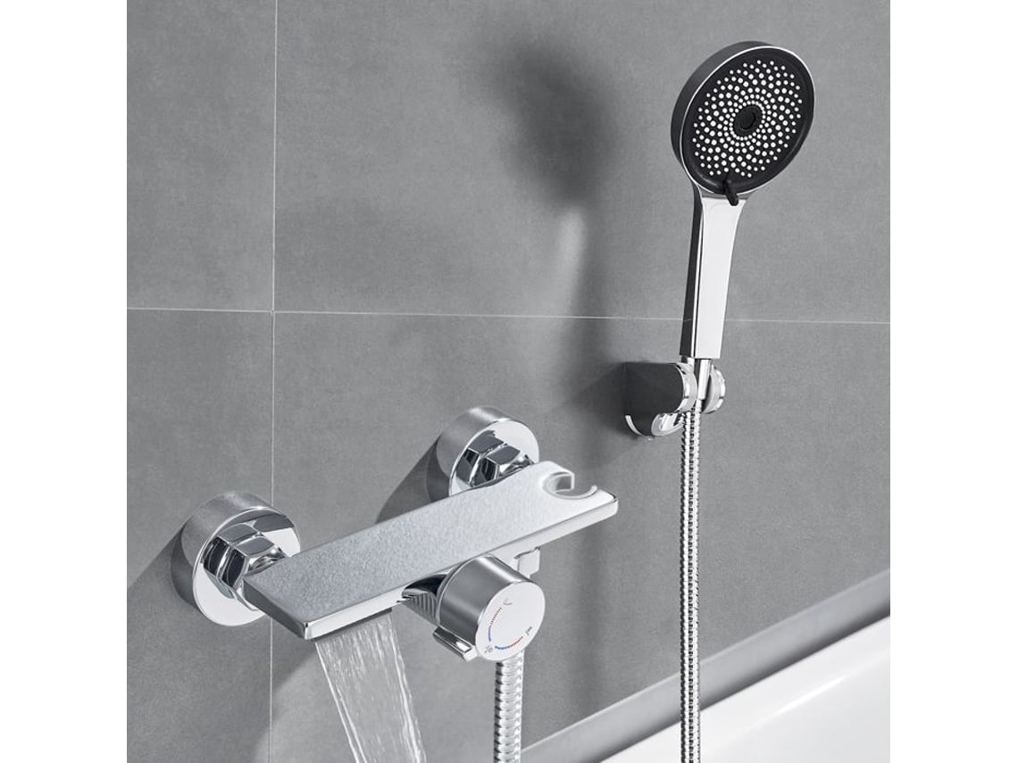 Torneira para Banheira em Cascata Misturador de Parede em Latão Cromado com Chuveiro de Mão de 5 Funções AURALUM MAX (Outlet Grade A)