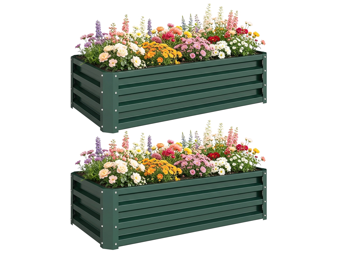 Conjunto De 2 Canteiros Elevados De Metal Para Jardim Ou Varanda, Com Fundo Aberto, 110x50x30cm, Verde.