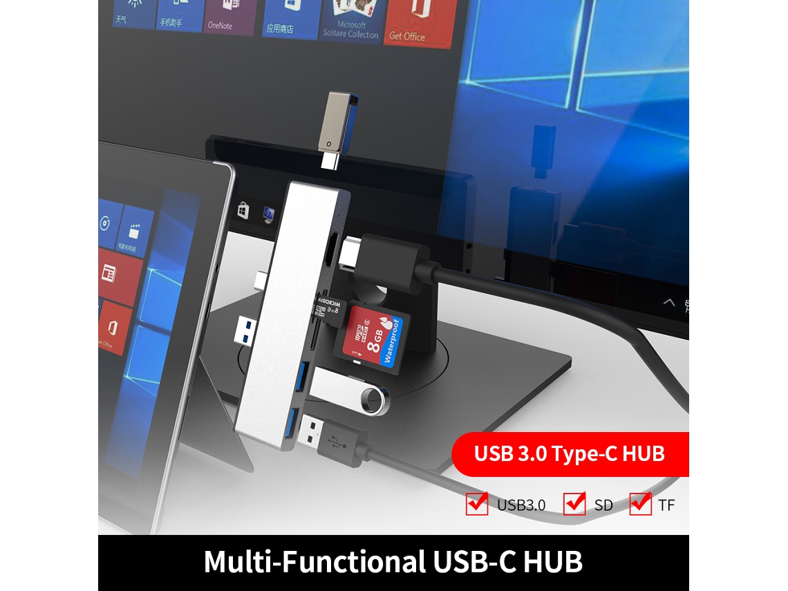 Hub Adaptador Usb 3.0 Type-c 6 Em 1 Com Leitor De Cartão Sd Hd Usb 3.0x2 Para Surface Pro 7 Preto