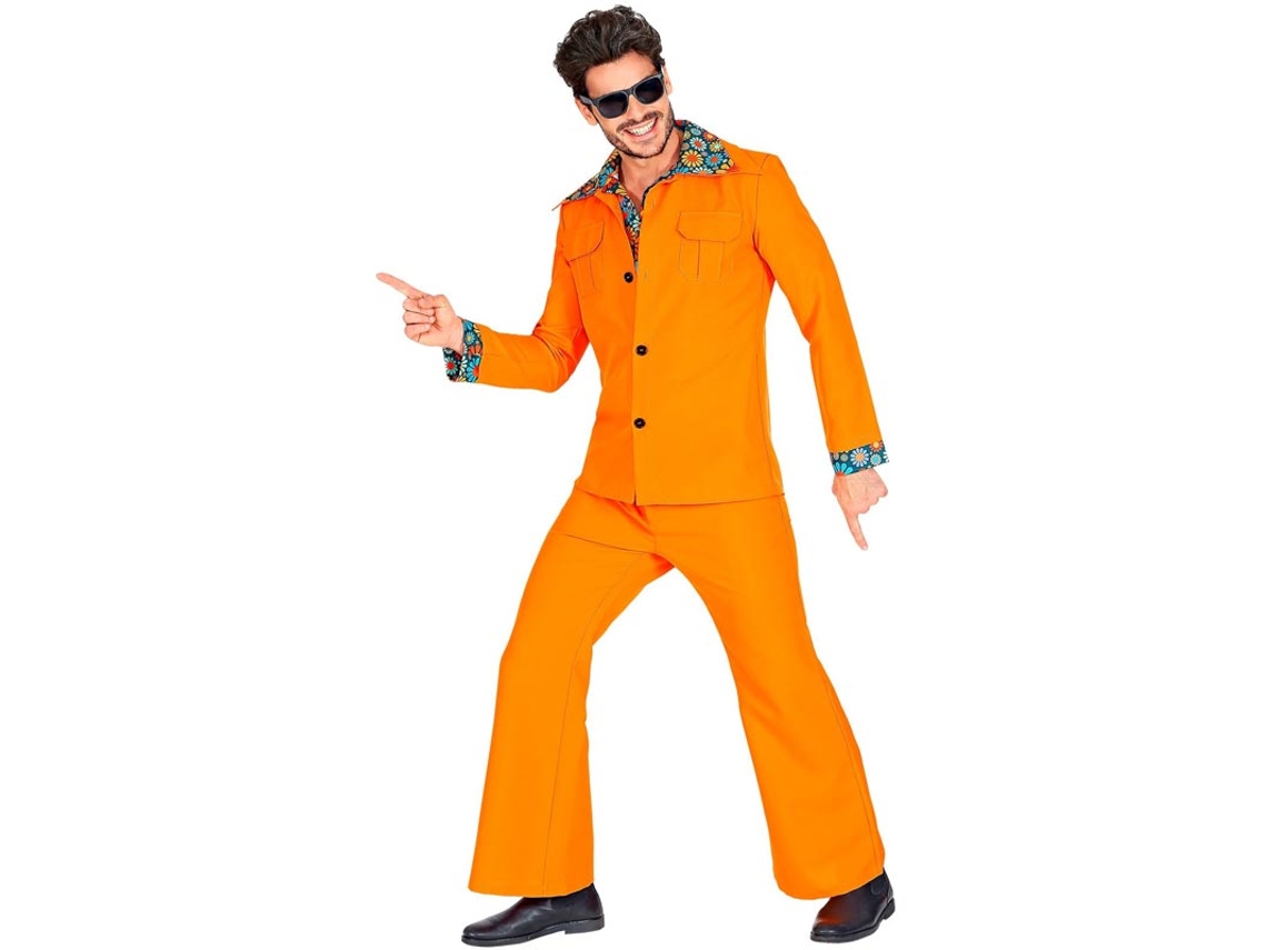 Fato de discoteca laranja dos anos 70 para homem