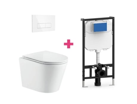 Conjunto de vaso sanitário suspenso de cerâmica Turin com cisterna e botão de descarga retangular branco Aquore