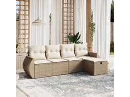 Vidaxl 5 Pcs Conjunto De Sofás P/ Jardim Com Almofadões Vime Pe Bege