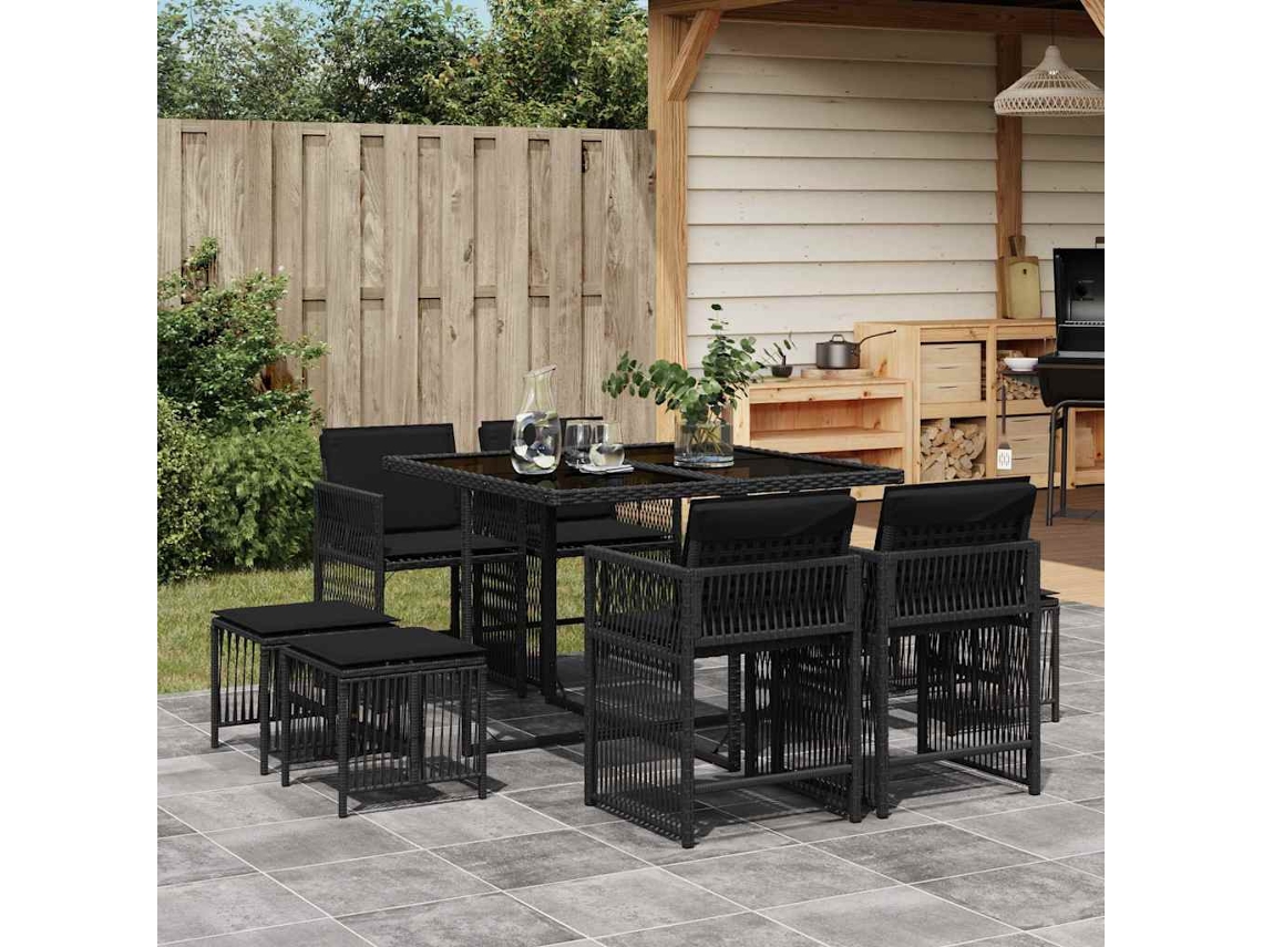 Vidaxl 9 Pcs Conjunto de Jantar P/ Jardim C/ Almofadões Vime Pe Preto