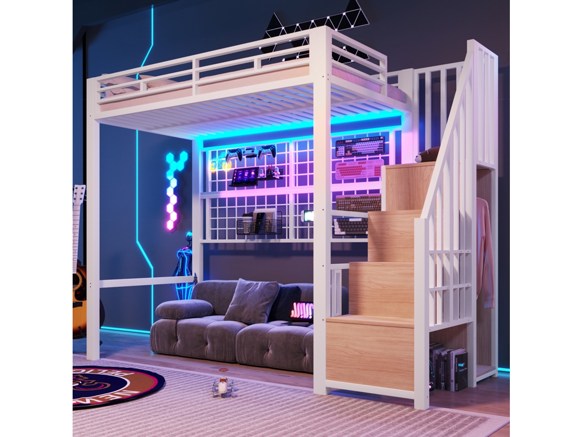 Cama alta 90x200 cm com roupeiro, escada com arrumação, LED 7 cores, espaço inferior, estrutura metálica branca VSOGA