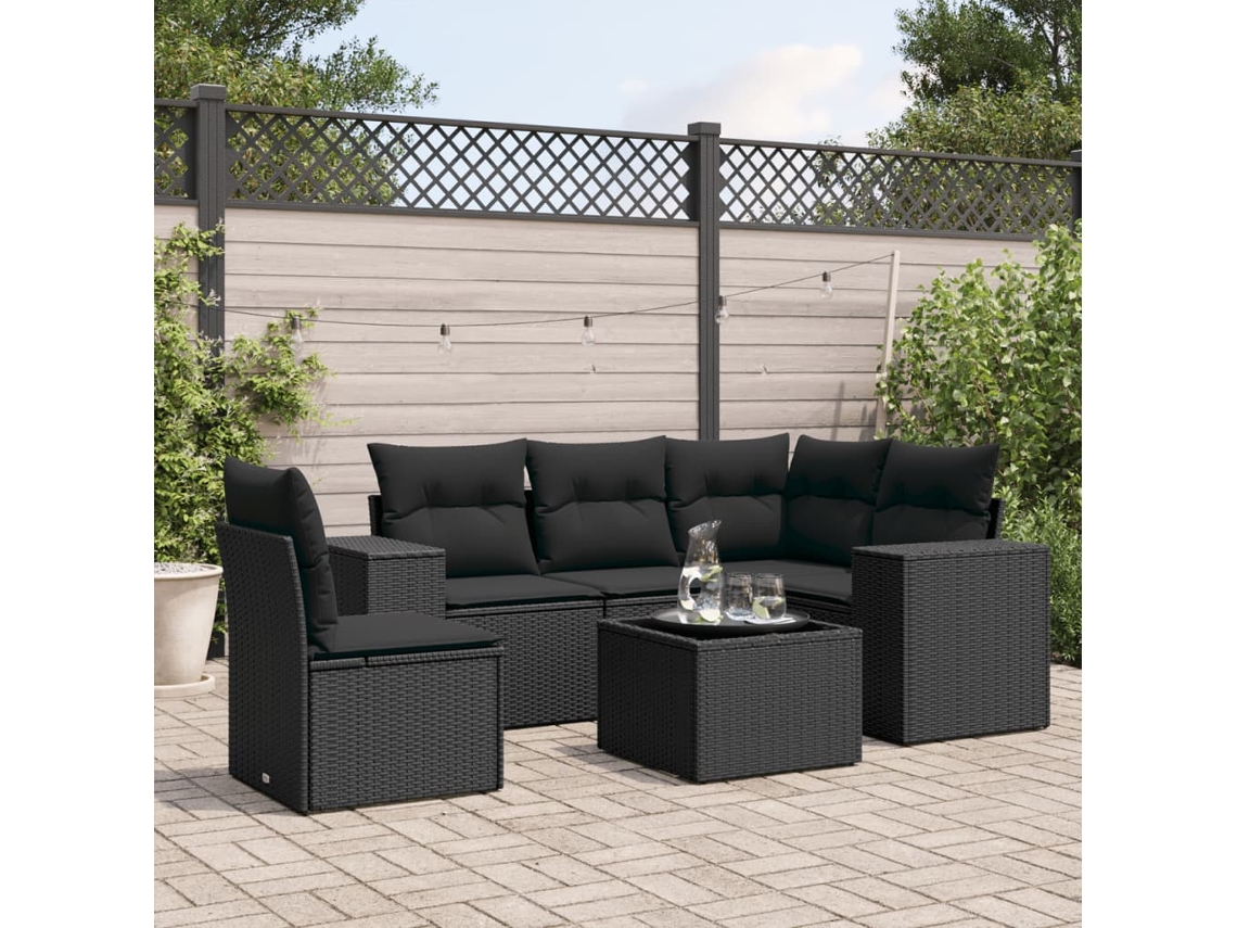 Vidaxl 6 Pcs Conjunto Sofás De Jardim C/ Almofadões Vime Pe Preto