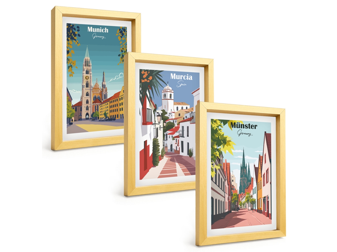Conjunto De Pinturasdesenhos Coloridos De Cidades Europeias Moldura Dourada Quadros Para A Sala De Estar Espelharte (3 Peças 20x30 Cm)