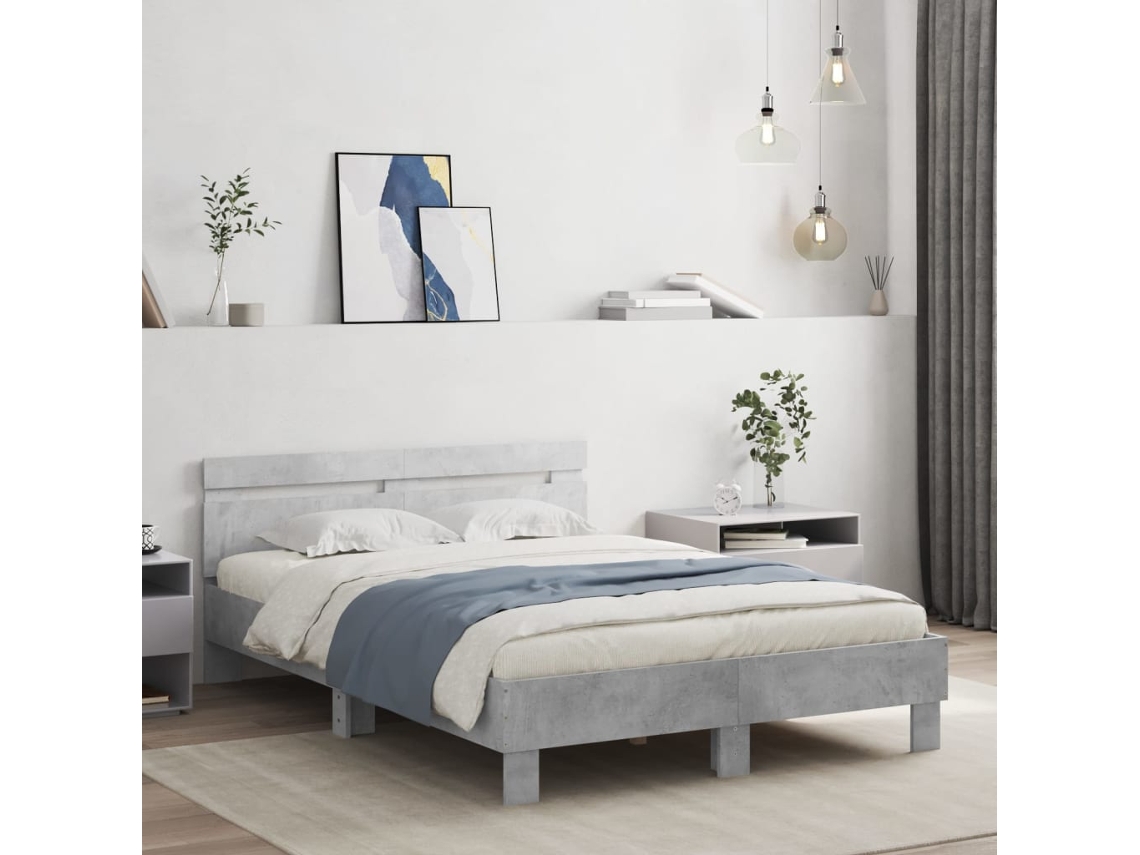 Estrutura Cama Cabeceira E Luzes Led 135x190cm Cinzento Cimento