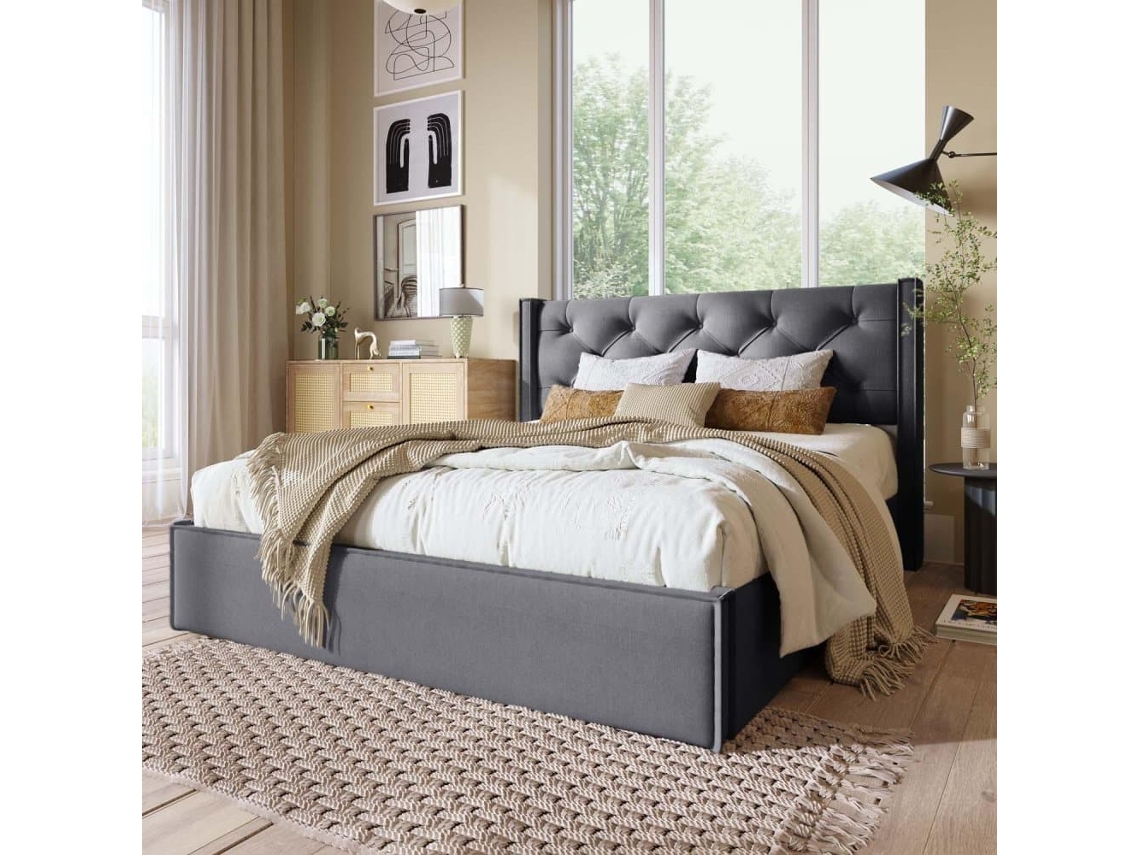 Cama Com Arrumação Estofada 140x200 Cm Em Tecido De Algodão - Com Estrado De Ripas - Cinzento