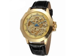 Relógio masculino Forsining automático mecânico com pulseira de couro e mostrador vazado.