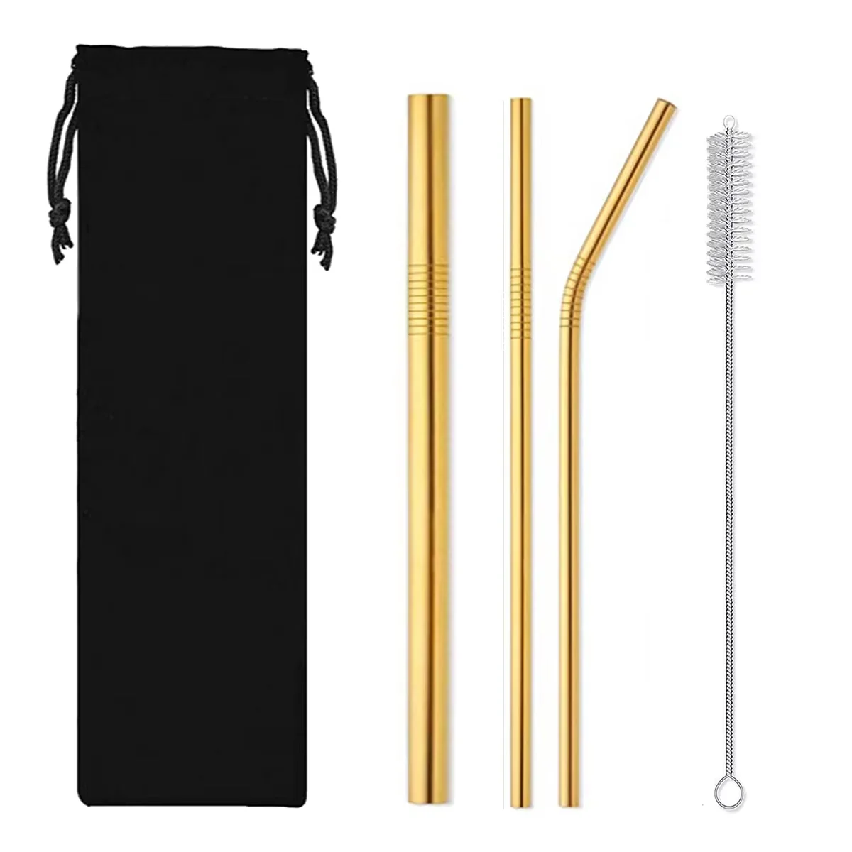 Conjunto De Canudos De Aço Inoxidável (4 Peças Douradas): Canudo Reto, Canudo Curvo, Canudo Largo, Escova De Limpeza