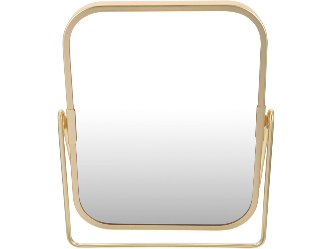 Espelho de maquiagem metálico com design simples e elegante e suporte giratório.