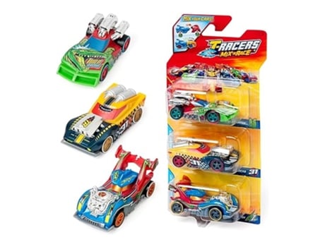Pacote com 3 carros colecionáveis T Racers Mix N Race, desmontados com peças intercambiáveis, pacote 11/12 Ptr8v316in00 Magic Boxp24pn