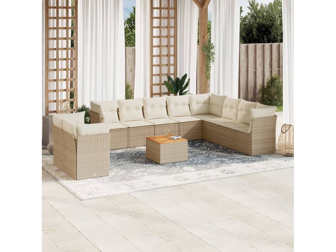 Vidaxl 11 Pcs Conjunto Sofás De Jardim C/ Almofadões Vime Pe Bege