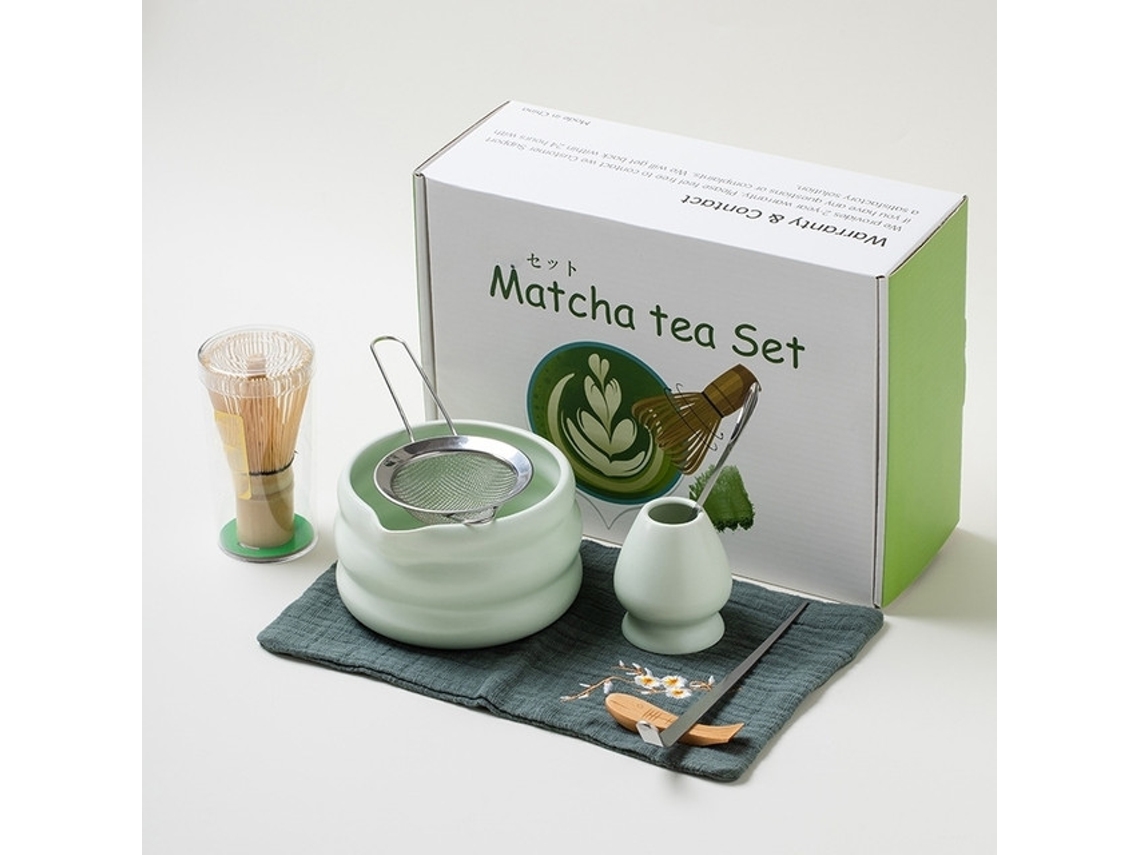Conjunto 8 Peças Matcha - Kit Iniciação Chá Matcha - Batedor E Taça Matcha - Cerâmica - Forma Cilíndrica - Verde
