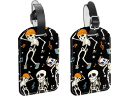 Conjunto De 2 Etiquetas Bagagem Em Couro Pu Com Design Esqueleto, Ideais O Halloween, Ouvir Música E Proteção