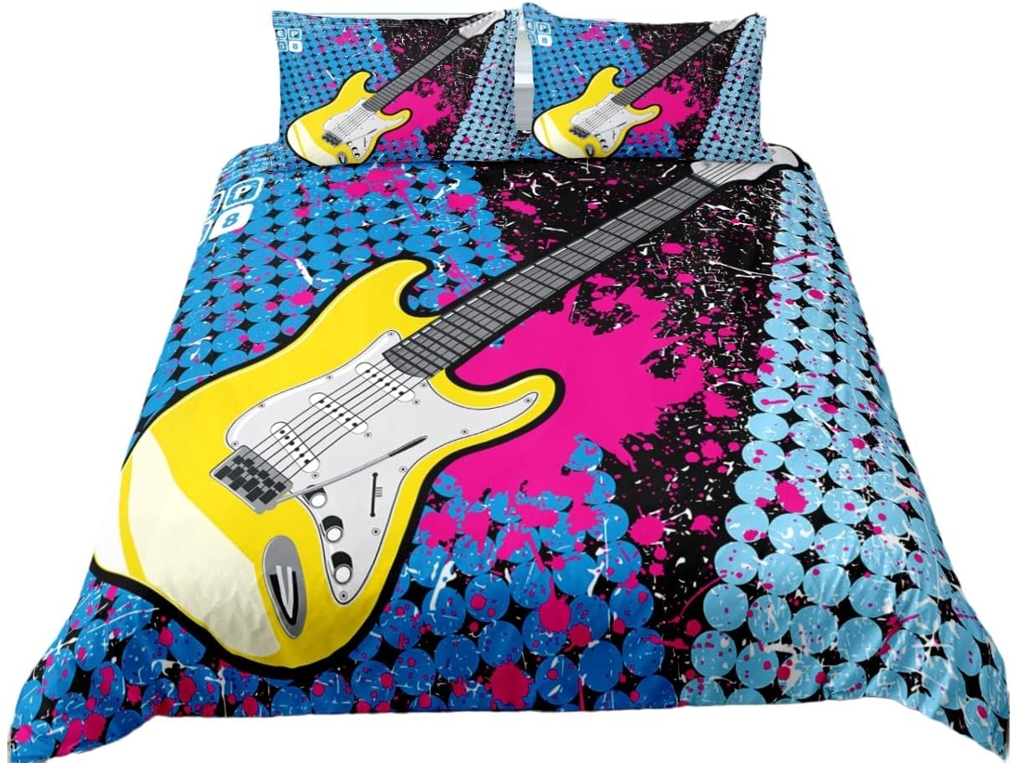 Capa de Edredom com estampa guitarra elétrica e fronha em Microfibra S/MARCA