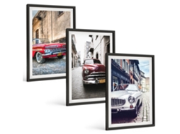 Conjunto De Pinturas Carros Clássicos Em Cidades Moldura Preta Quadros Para A Sala De Estar Espelharte (3 Piezas De 40x60 Cm)