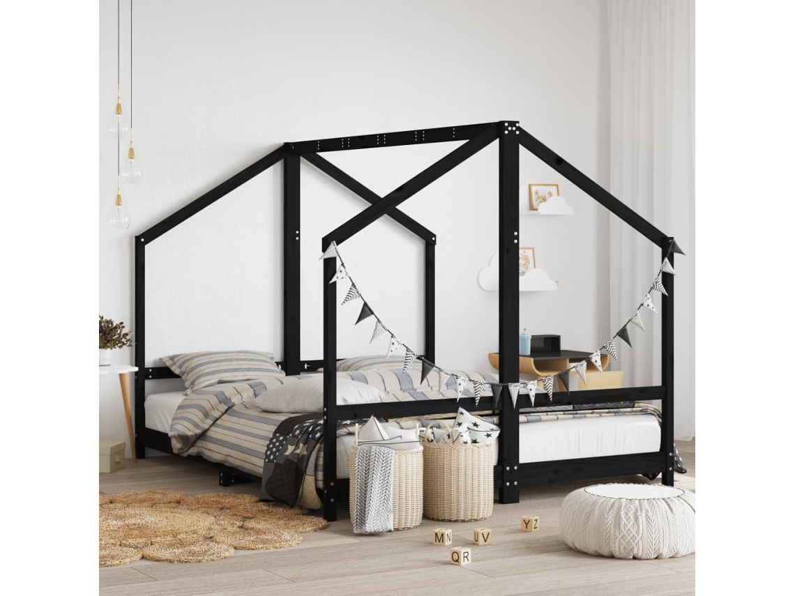 Vidaxl Estrutura De Cama Infantil 2x(80x200) Cm Pinho Maciço Preto