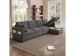 Sofá Moderno De Veludo 281x86x71 Cm - Com Arrumação, Braço Com Bolsos, Encosto Com Botões - Cinza