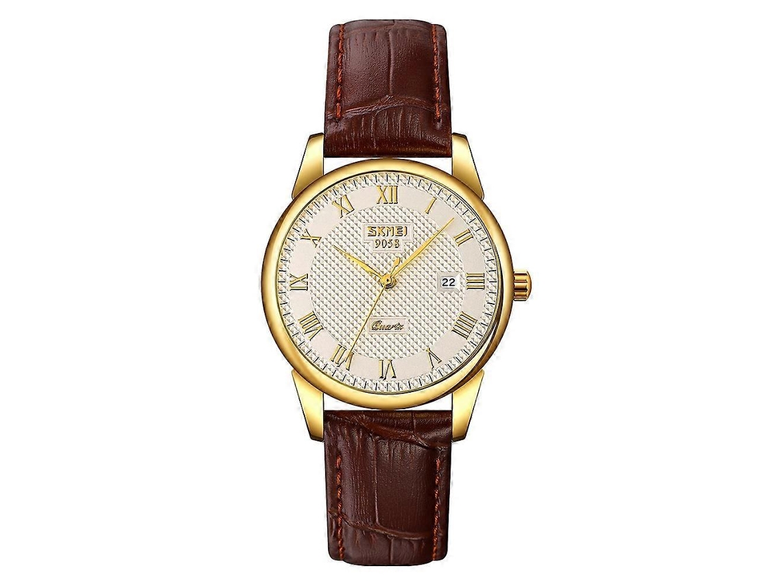 Relógio De Pulso Multifuncional Skmei 9058 Para Uso Externo, Elegante E À Prova D'água, Com Caixa Dourada E Mecanismo De Quartzo.