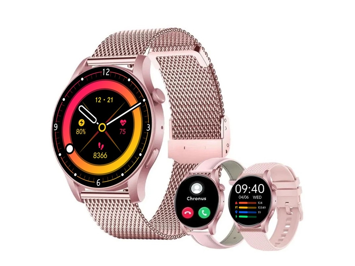 Smartwatch CHRONUS KC88 fitness feminino  com tela AMOLED de 1,43" e função de chamada, monitor de frequência cardíaca e pressão arterial - Rosa