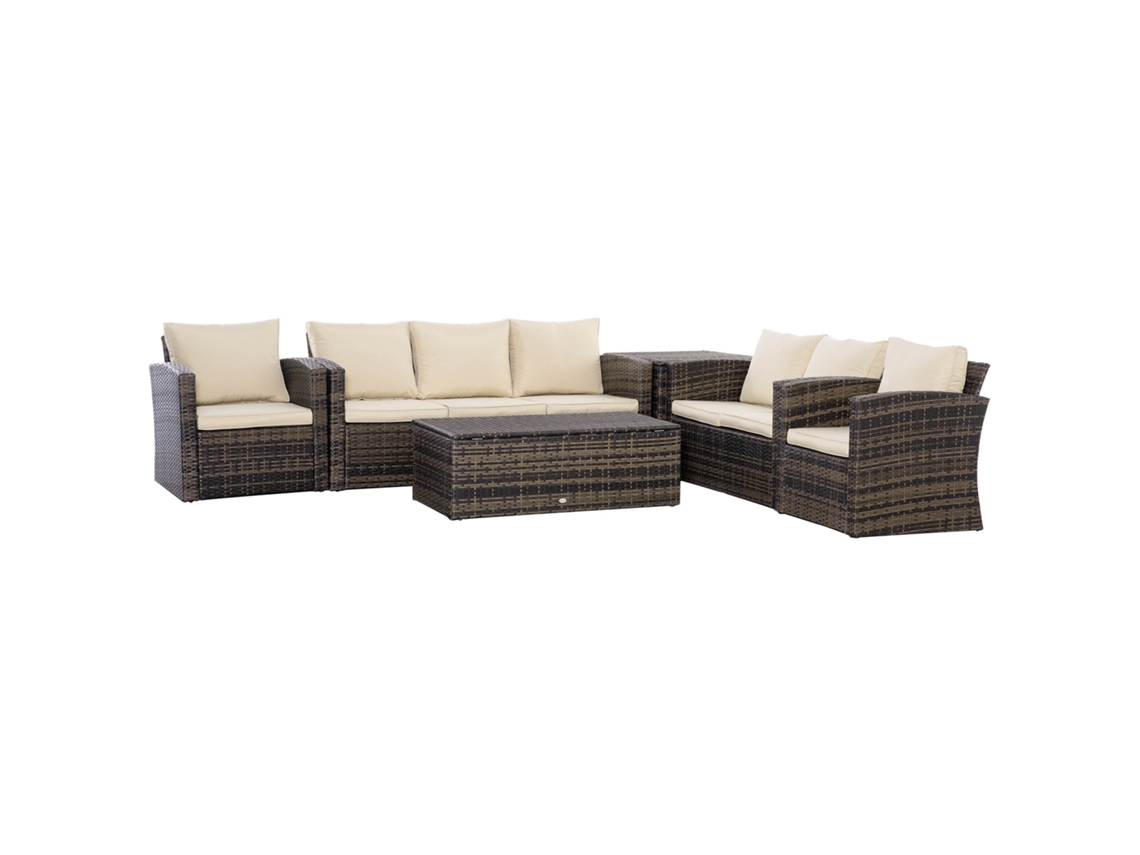 Conjunto de Jardim Vime 6 peças MARCA, sofá 3 lugares, 2 poltronas, mesa, almofadas