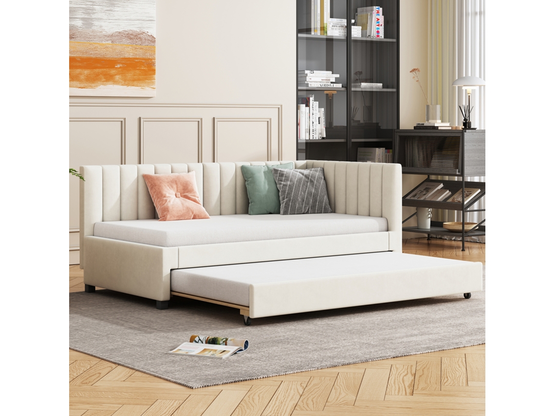 Cama Solteiro Bege 90x200cm Estofada, Veludo, Retrátil, Ripas. -op