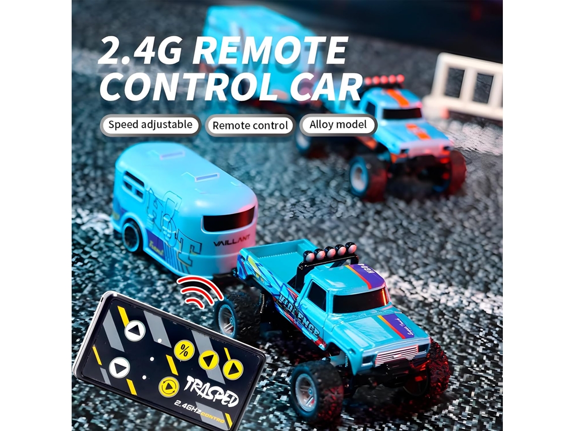 1/64 Mini Caminhão Off-road Recarregável Usb Com Reboque E Luzes De Led, Controle Remoto 2.4ghz, 3 Velocidades Digitallab (rosa)