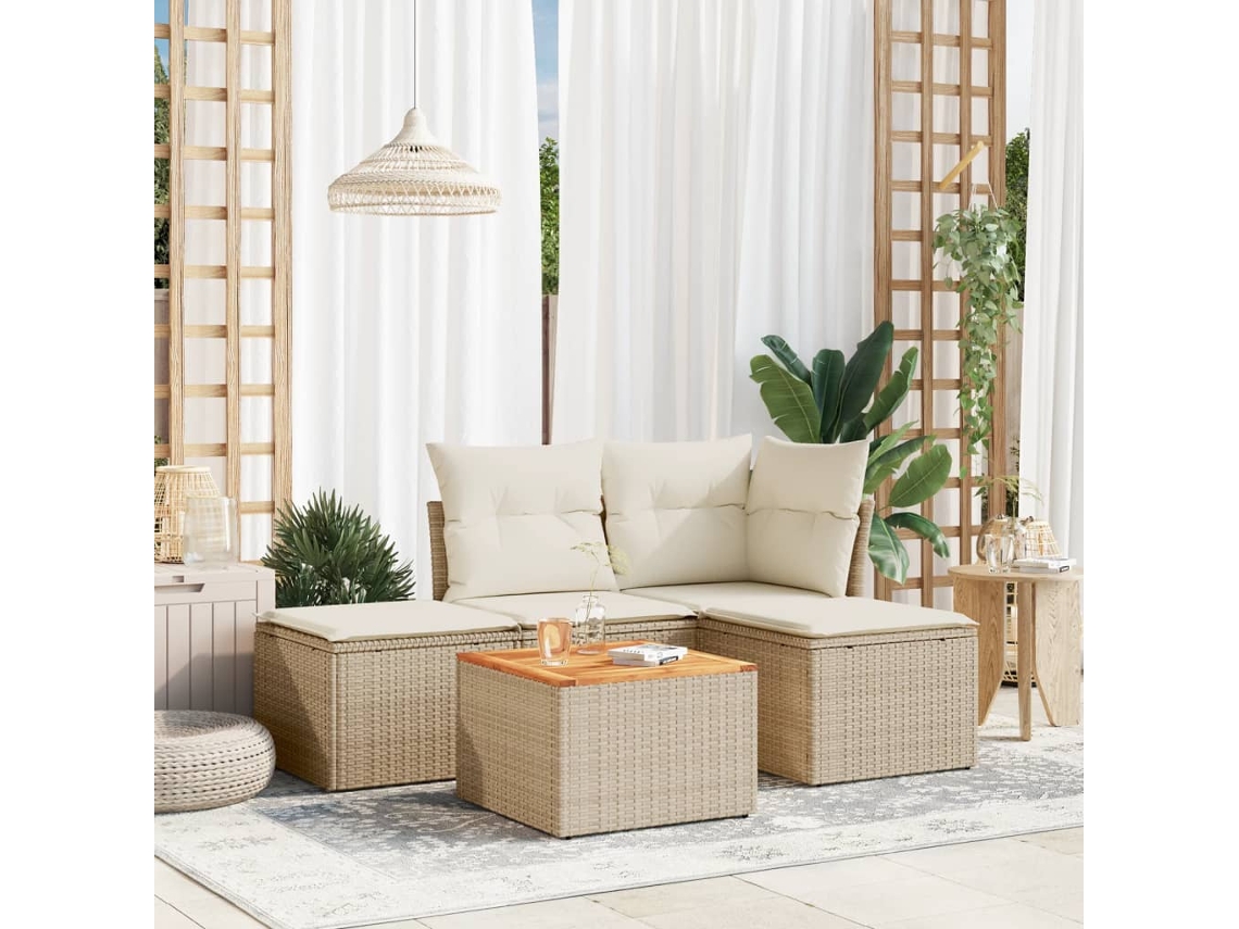 Vidaxl 5 Pcs Conjunto de Sofás P/ Jardim com Almofadões Vime Pe Bege